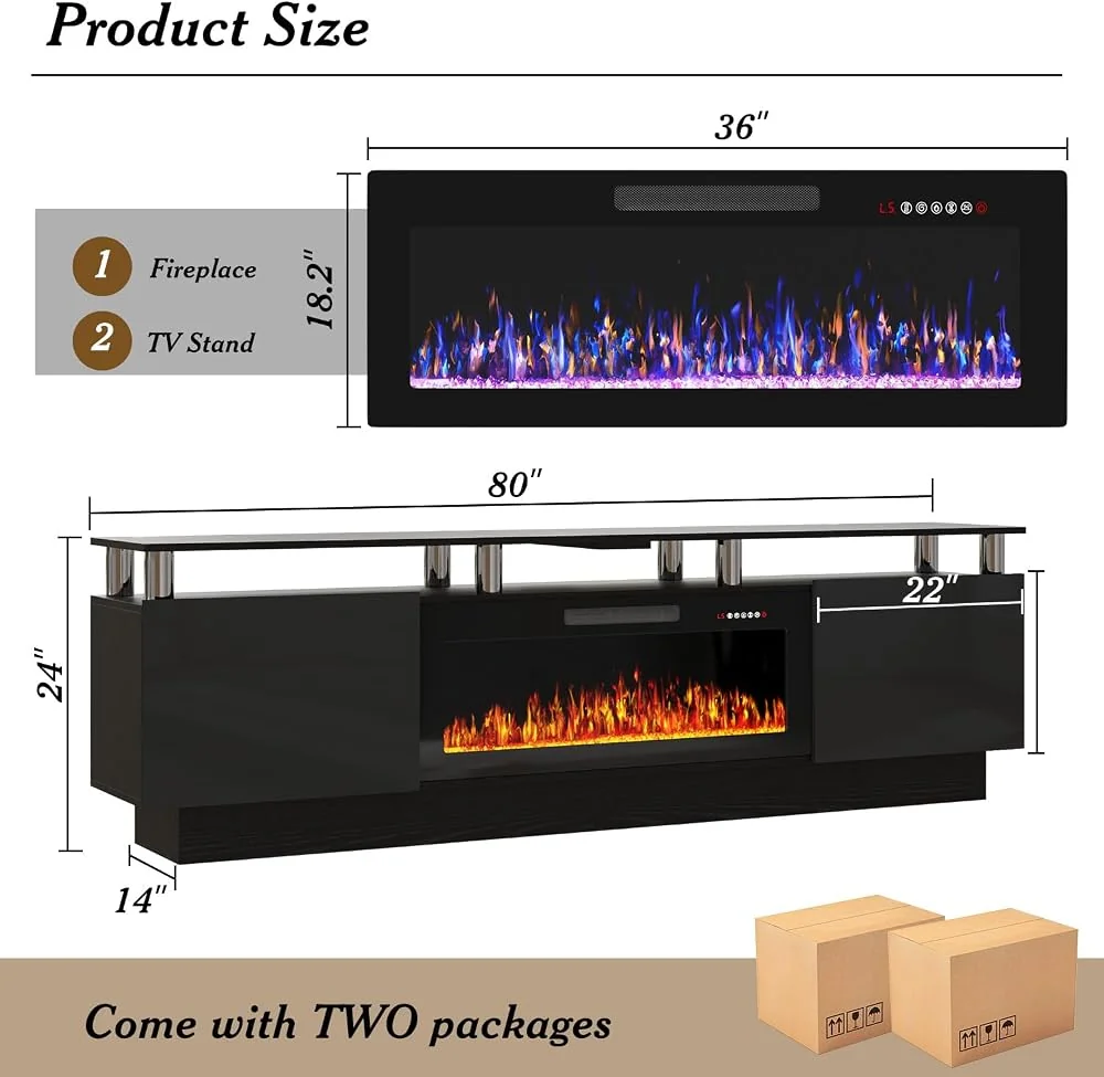 BOSSIN Fireplace TV Stand 80" with 36" Electric Fireplace Insert, 2 Tier, Black