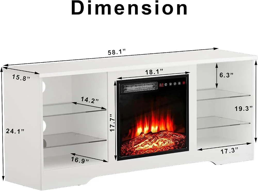 BOSSIN Fireplace TV Stand 58" for TVs up to 65", 18" Electric Fireplace Insert, White