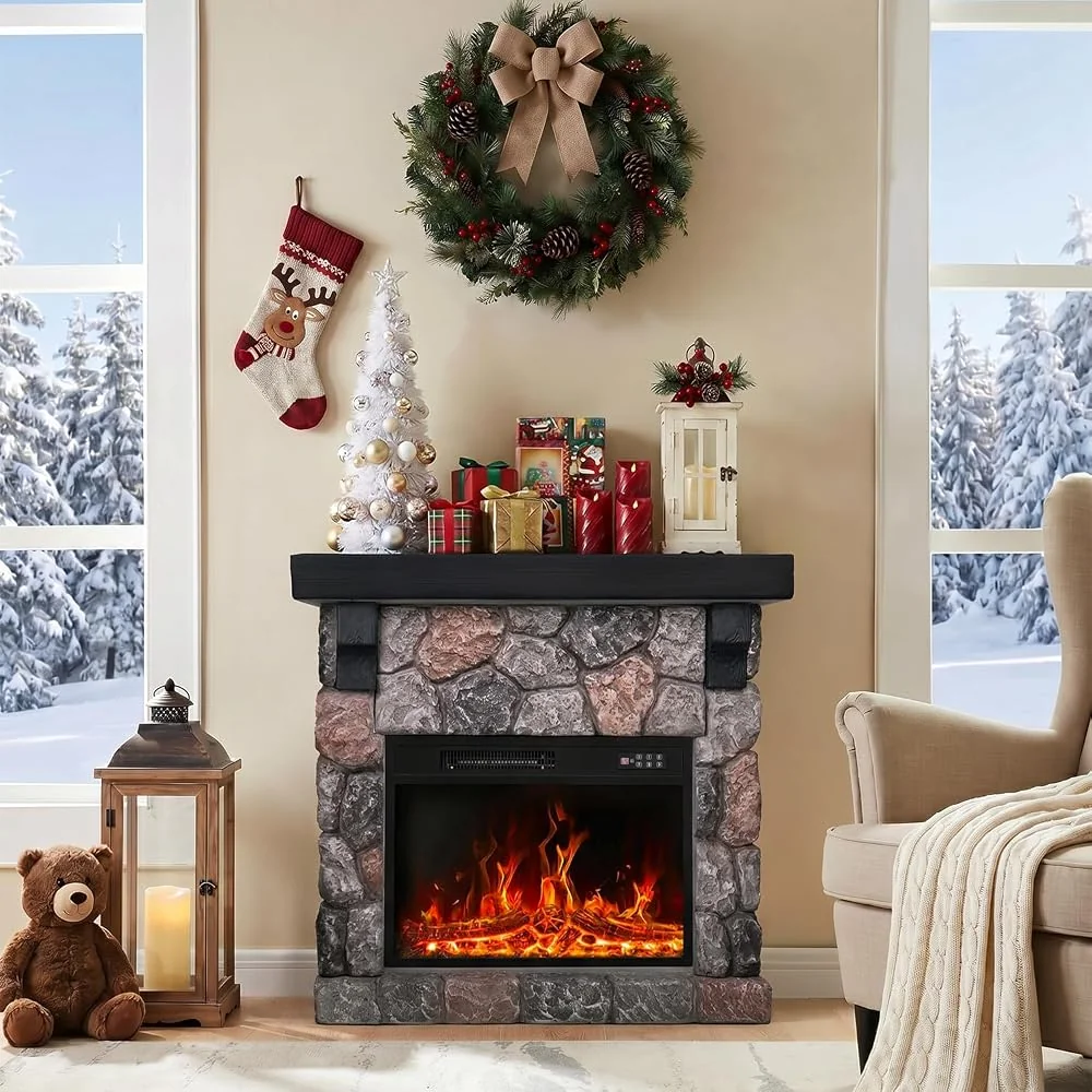 BOSSIN 36" Mantel Fireplace TV Stand with 23" Electric Fireplace Insert, Faux Stone New Gray