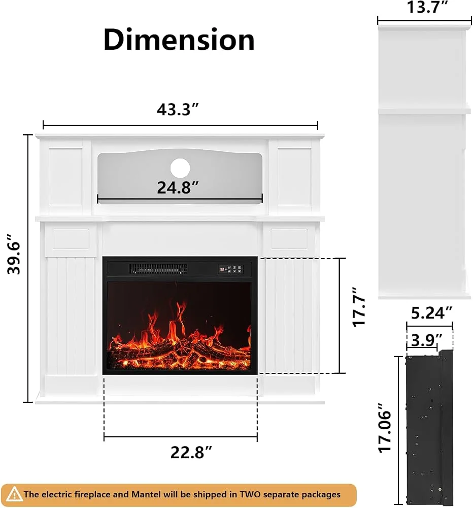 BOSSIN 43" Electric Fireplace with Mantel, Freestanding TV Stand with 23" Insert, White