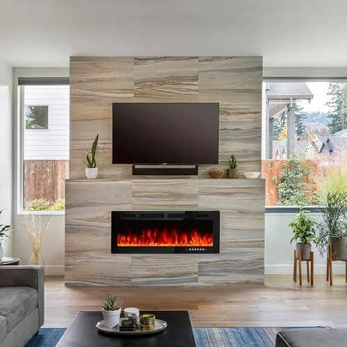 BOSSIN 42" Electric Fireplace Recessed and Wall Mounted, Ultra-Thin Linear, Touch Screen Remote