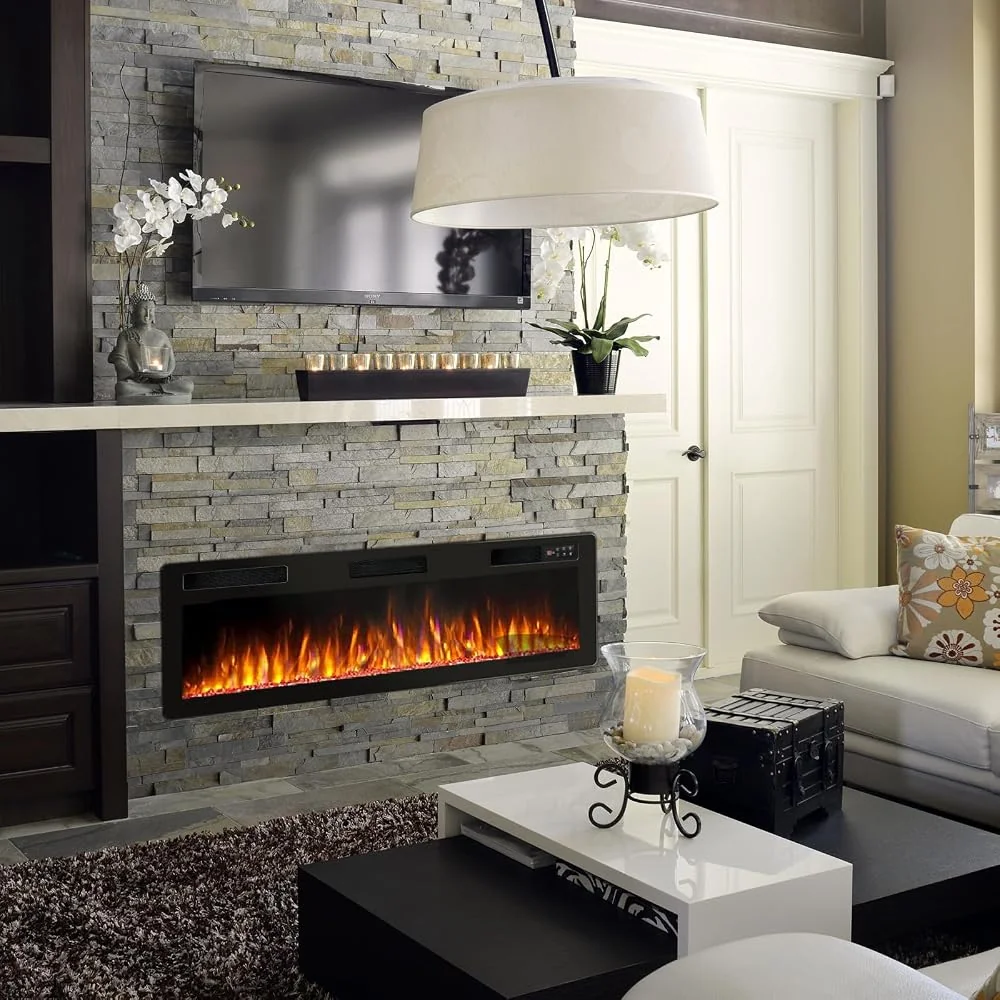 BOSSIN 60" Ultra-Thin Silence Linear Electric Fireplace, Recessed Wall Mounted, 12 Adjustable Flame Colors