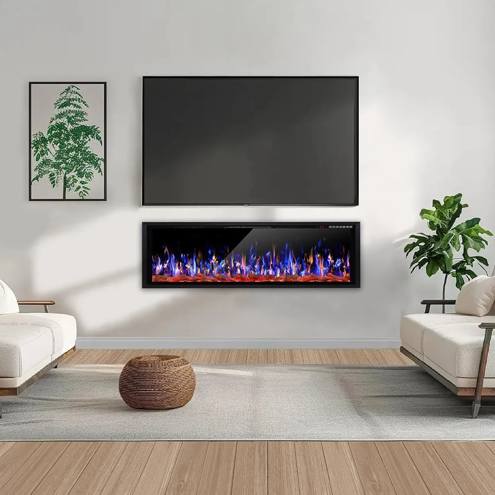BOSSIN 60" Wide Screen Silence Linear Electric Fireplace, Recessed Wall Mounted, 12 Adjustable Flame Colors